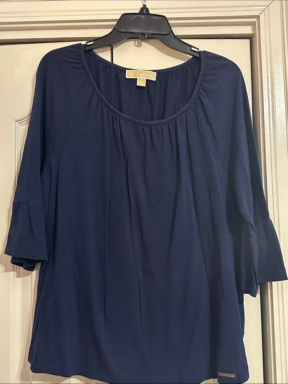 Michael Kors Navy Scoop-Neck Ruffle Sleeve Blouse